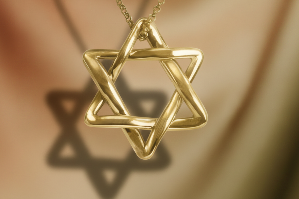 The Interlaced Star of David Pendant Necklace in 18K gold by MokshaGoldSculptures, minimalist hexagram on chain.