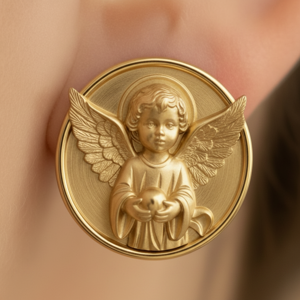 Angel Cherub Medallion Stud Earrings | 9K Gold, Sterling Silver or Brass | Celestial Angel Earrings | Religious Jewelry | Handmade Gift for Her