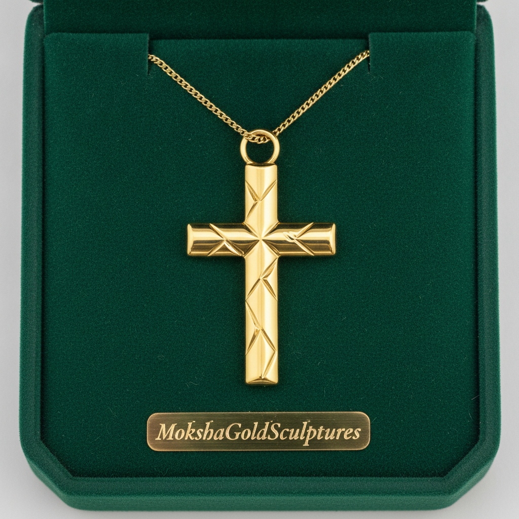 The Faceted Cross Pendant Necklace in 9K gold by MokshaGoldSculptures, geometric charm shown in green velvet box.