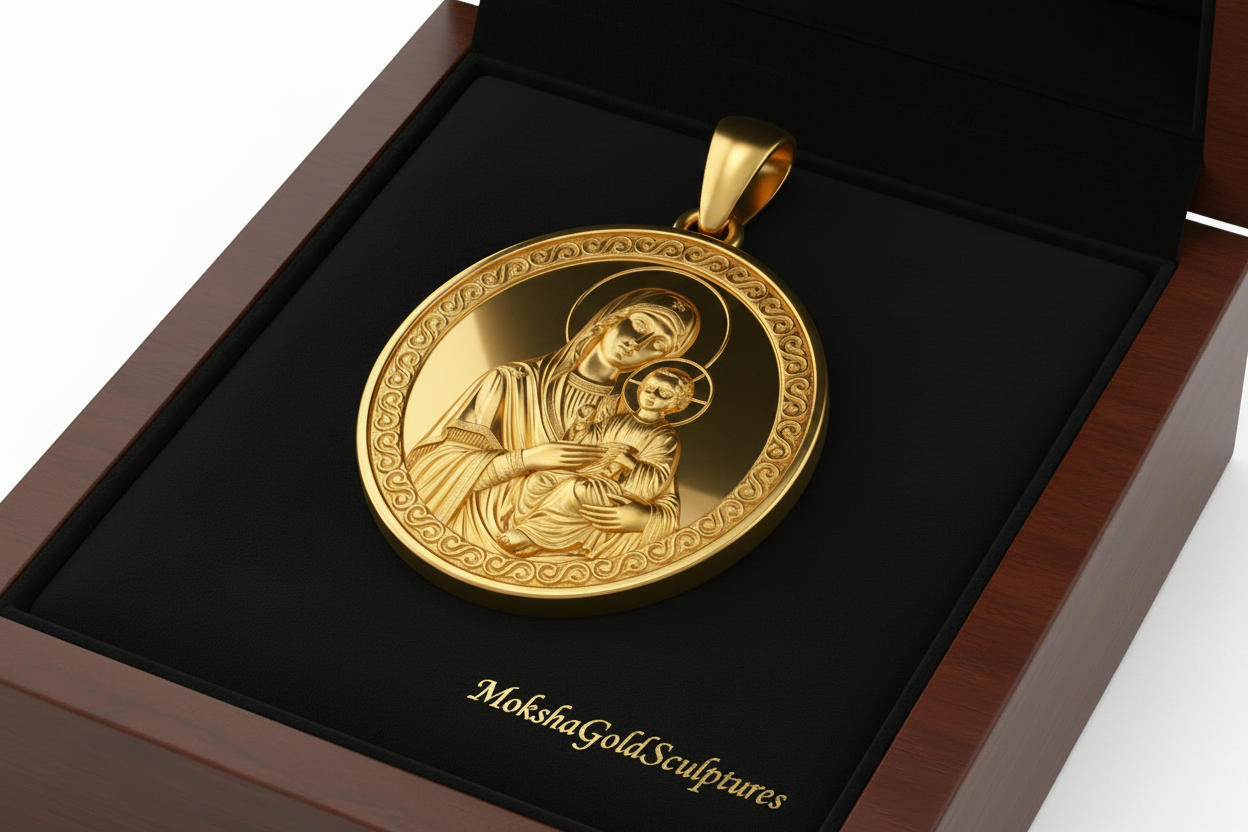 Mary with Baby Jesus Pendant Necklace – Ancient Religious Scene Jewelry – Catholic Christian Devotional Gift