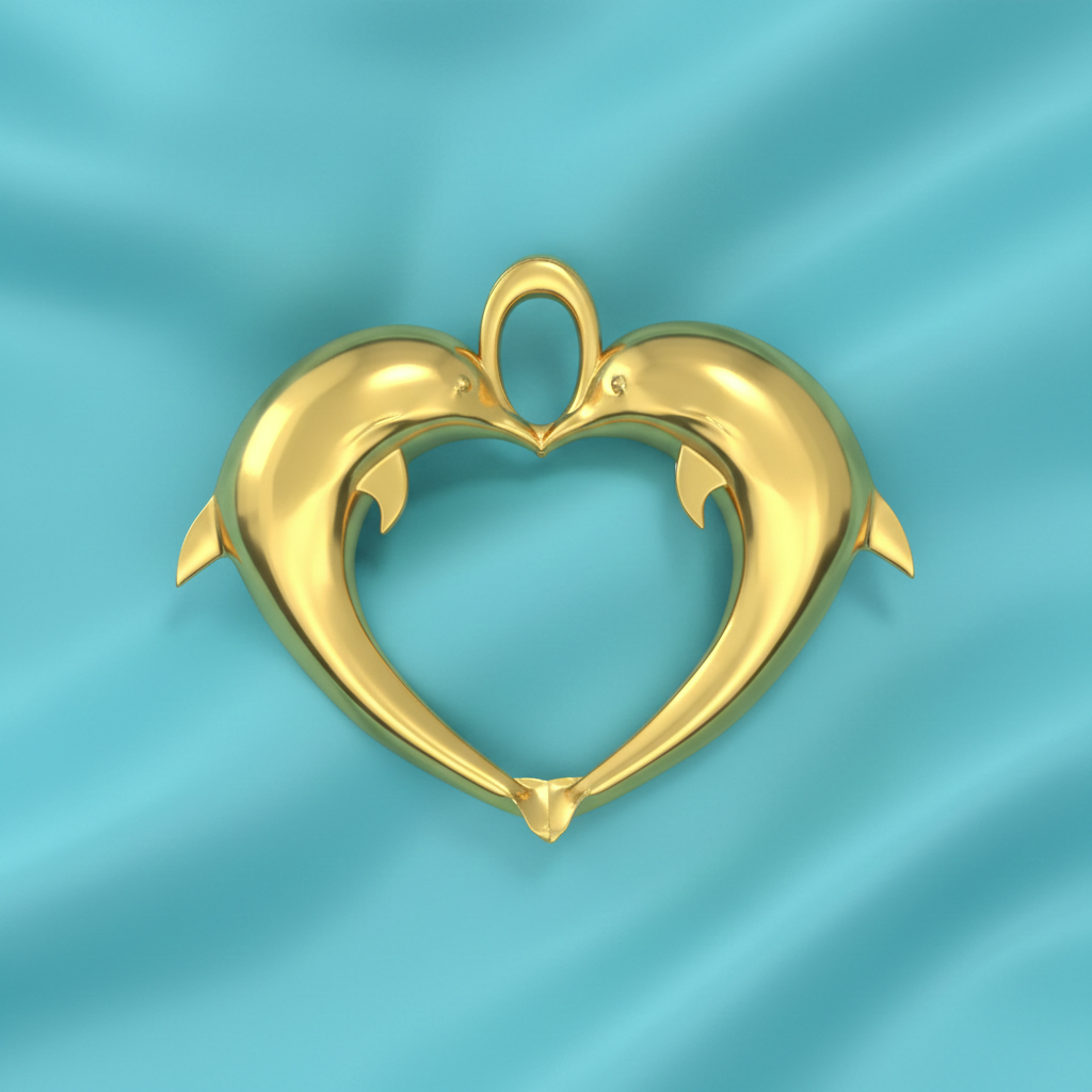 Gold Double Dolphin Heart Pendant with Integrated Bail – Polished Finish – 29 x 24 mm