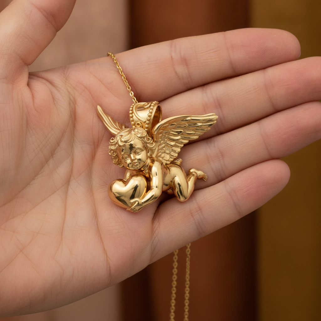 Golden Cherub with Heart Pendant Necklace | Angel of Love & Protection | 9K Gold, Sterling Silver or Polished Brass | Handmade Religious Jewelry Gift