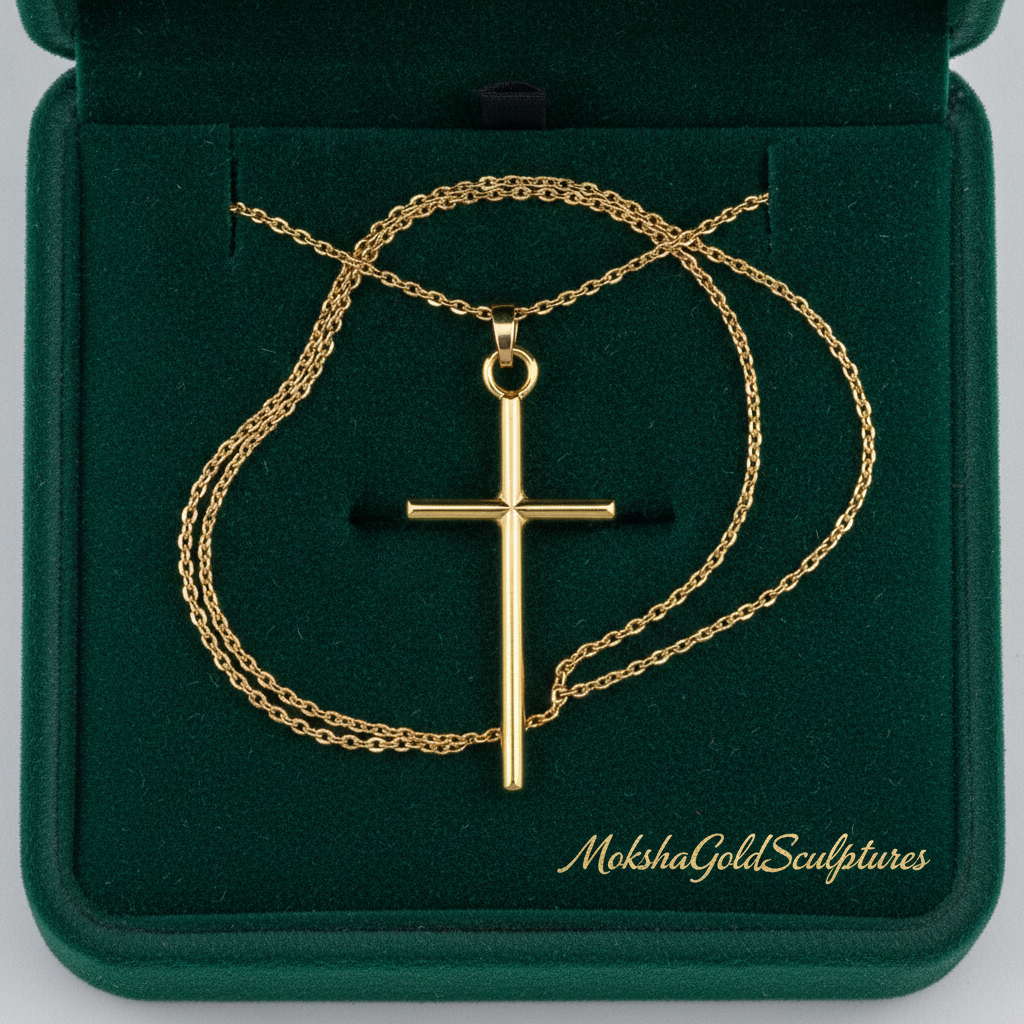 The Minimalist Cross Pendant Necklace in 9K gold, silver, or brass by MokshaGoldSculptures in a green velvet box.