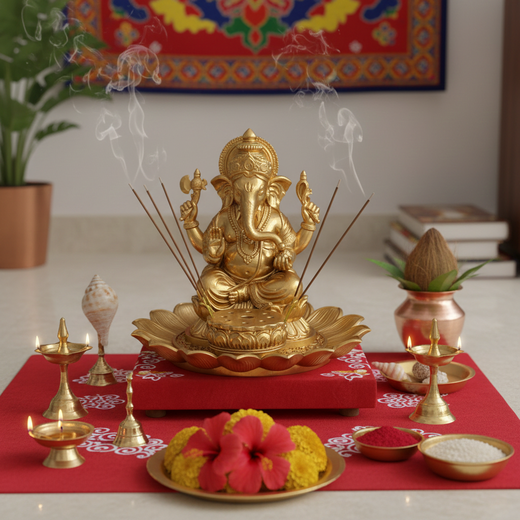 Golden Ganesh Incense Holder with Lotus Base – PLA 3D Printed Spiritual Decor – Meditation Ash Catcher – Hindu Home Temple Gift – Free Shipping