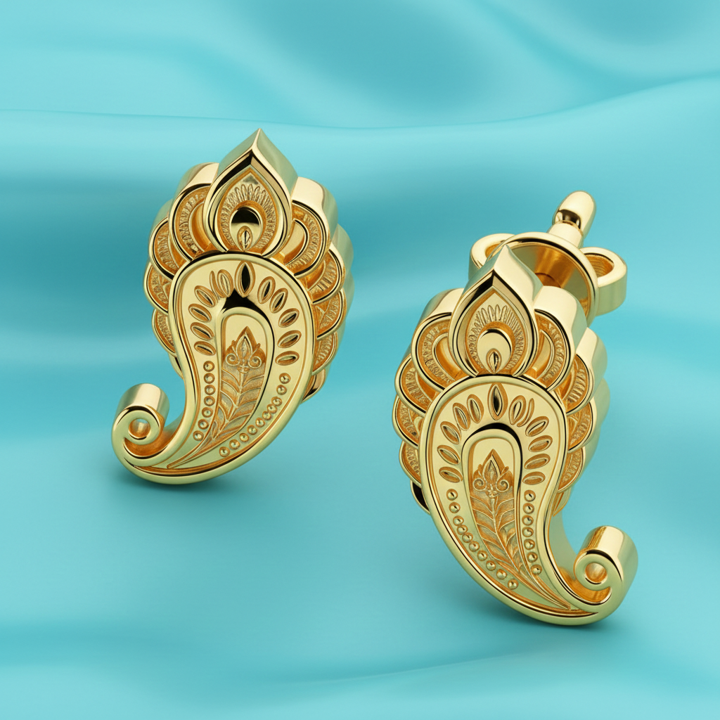 Gold Paisley Pattern Stud Earrings, Ornamental Gold Earrings, Handmade Statement Jewellery