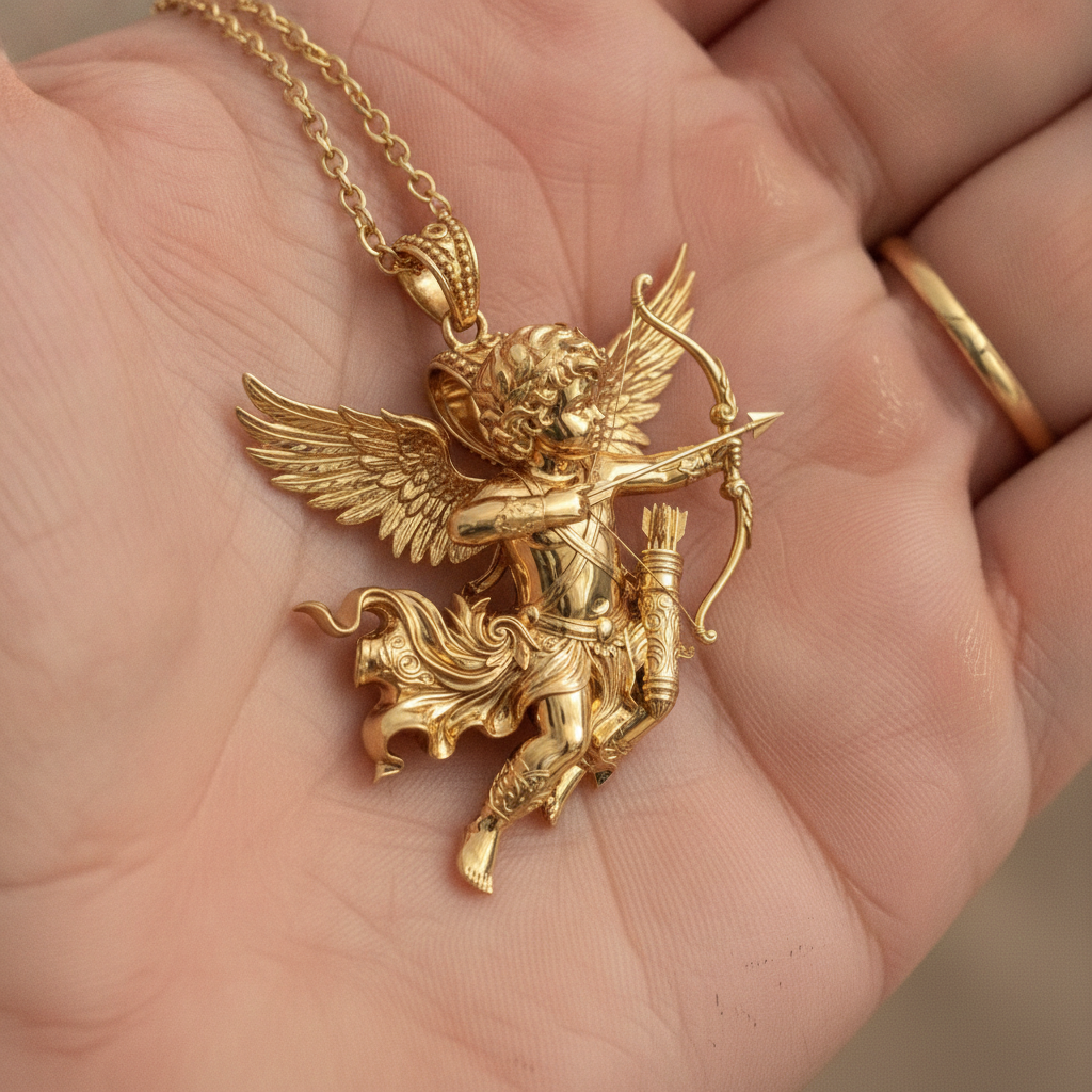 Winged Cupid Archer Pendant Necklace | Cherub Angel with Bow & Arrow | Handmade in 9K Gold, Sterling Silver & Yellow Brass