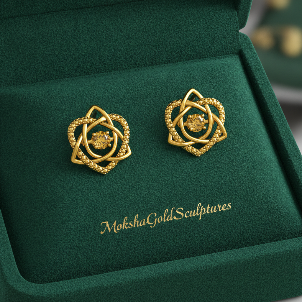 Celtic Trinity Knot Heart Stud Earrings in 9K gold by MokshaGoldSculptures, shown in a green velvet box.