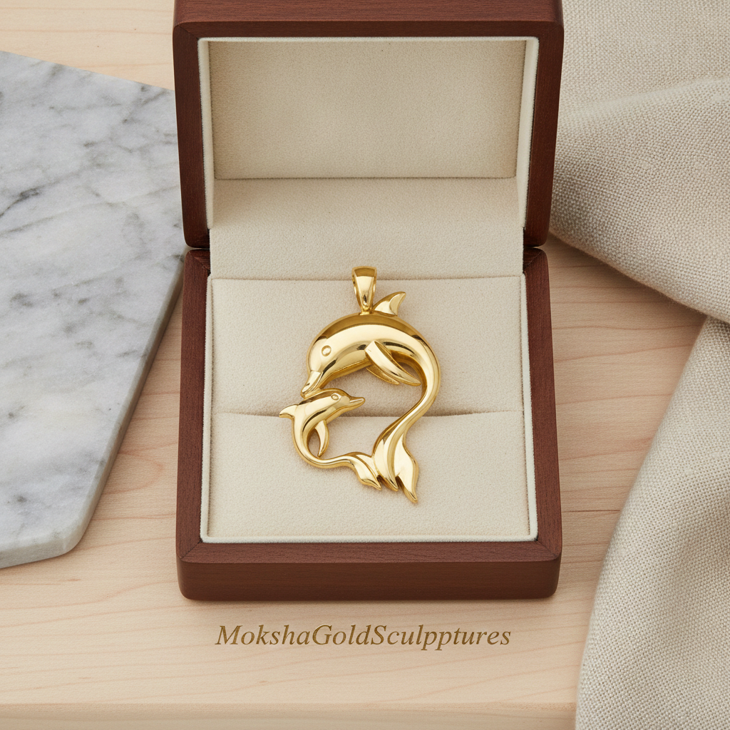 The Dolphin Mother & Baby Pendant Necklace in 18K white gold high polish by MokshaGoldSculptures, jewelry box display.