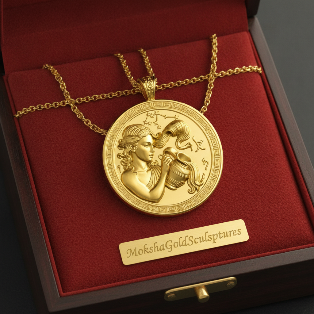 Aquarius Zodiac Pendant Necklace in 9K gold, sterling silver, or yellow brass by MokshaGoldSculptures.