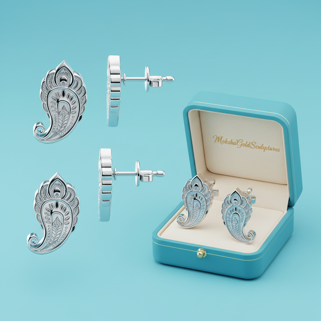 Silver Paisley Pattern Stud Earrings, Polished Brass Stud Earrings, Ornamental Handmade Jewellery