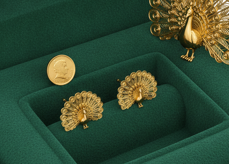 Peacock Stud Earrings in 9K gold, sterling silver, or brass with fan tail by MokshaGoldSculptures.