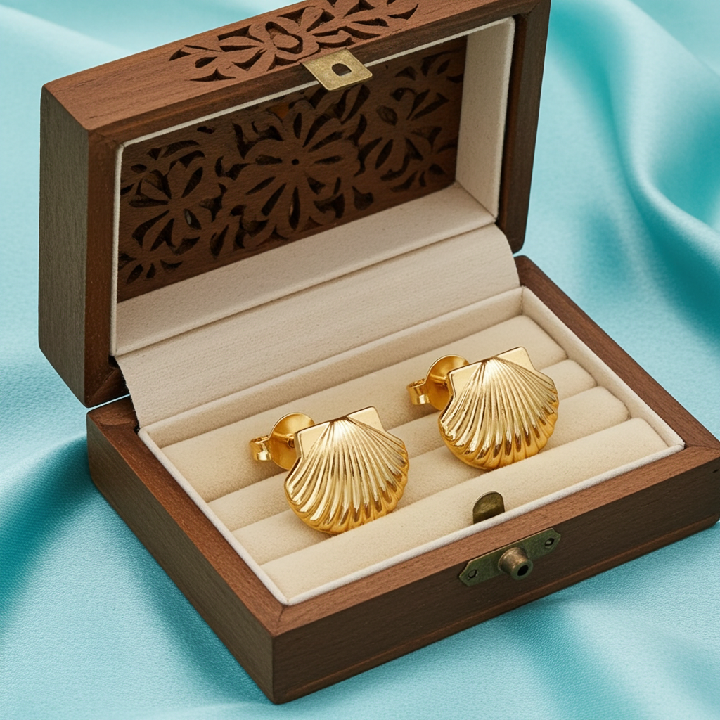 Gold Shell Stud Earrings | 9k 14k 18k Seashell Studs | MokshaGoldSculptures