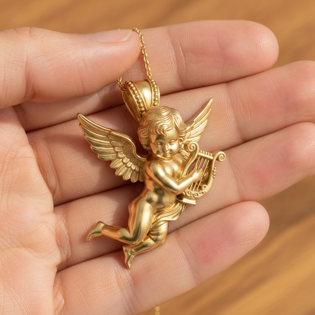 Golden Cherub Harp Pendant Necklace, Guardian Angel Jewelry, 9K Gold Angel Pendant, Sterling Silver Cherub Necklace, Religious Gift