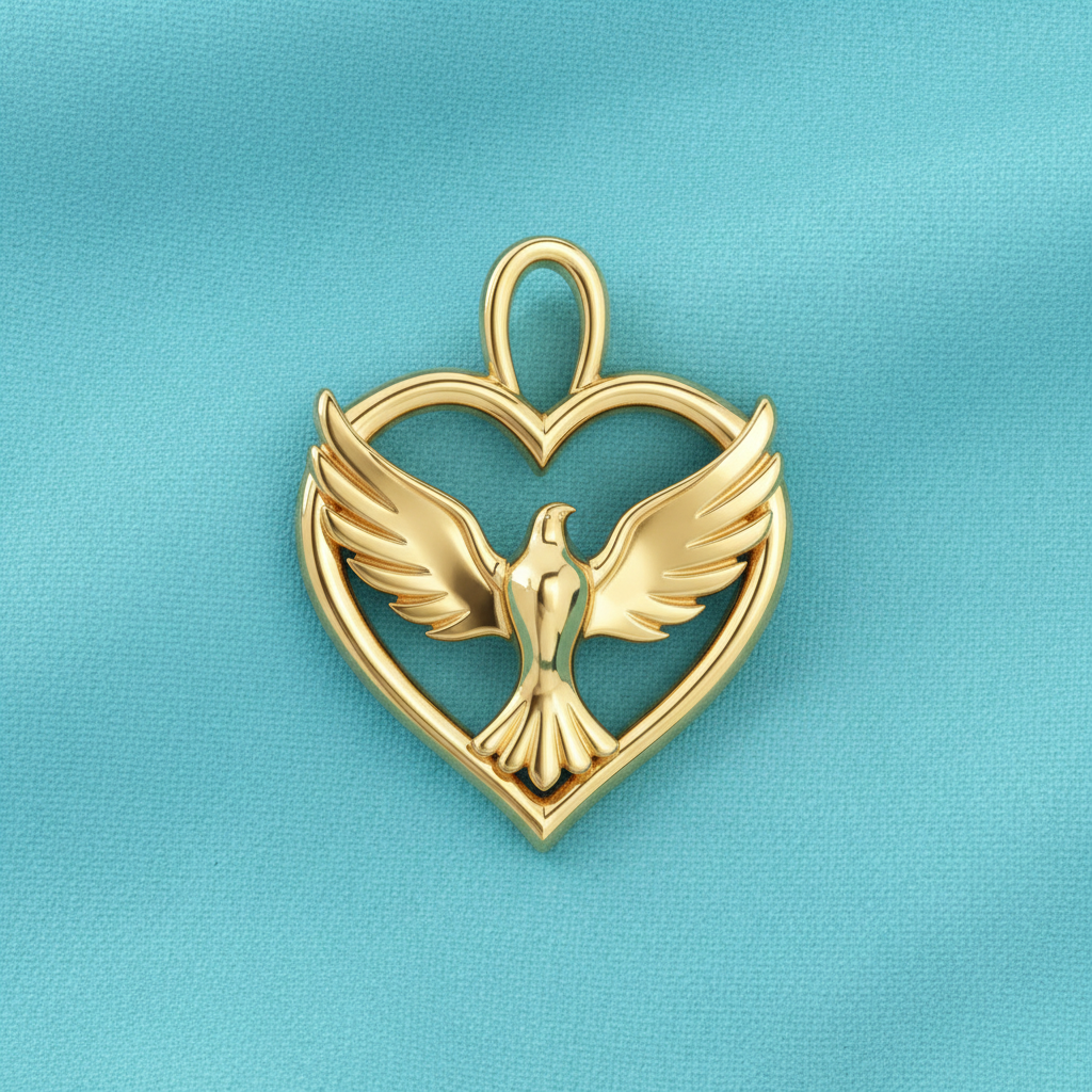 Holy Spirit Dove Heart Pendant – 35mm Polished Yellow Gold – Christian Religious Charm, Faith Jewelry, 3D Relief Necklace