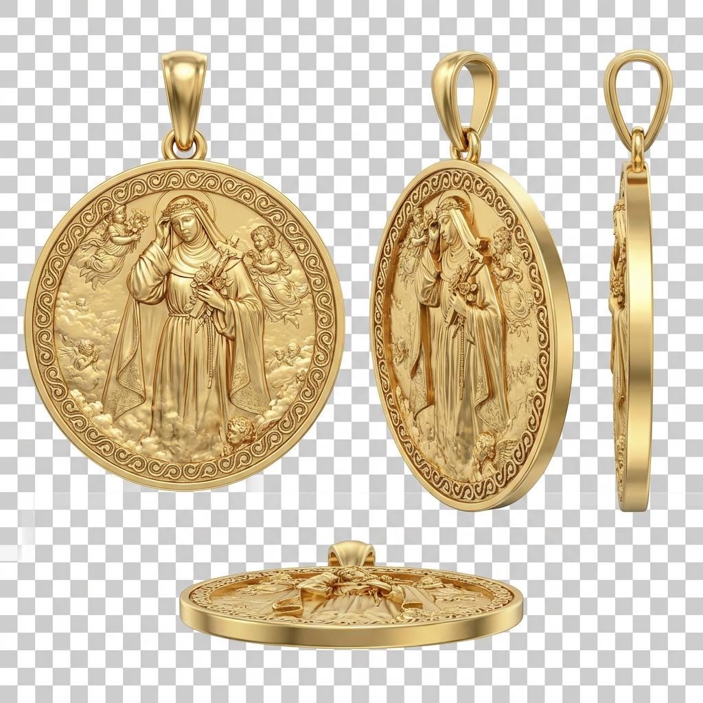 The Mary in the Clouds Pendant Necklace in gold by MokshaGoldSculptures, detailed Virgin engraving with angel accents.  MokshaGoldSculptures