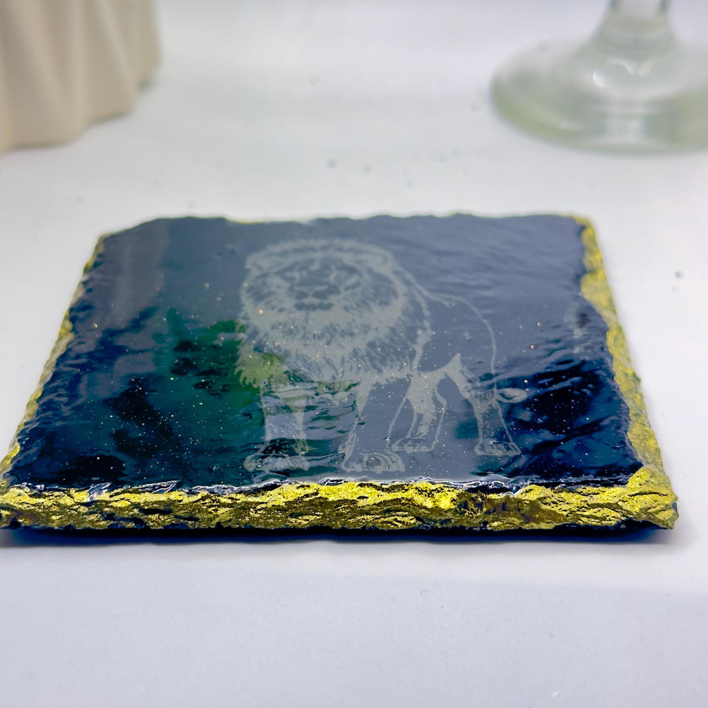 Lion Slate Coaster | Gold Rim & Epoxy Finish | Handmade Luxury Decor | Unique Gift for Lion Lovers