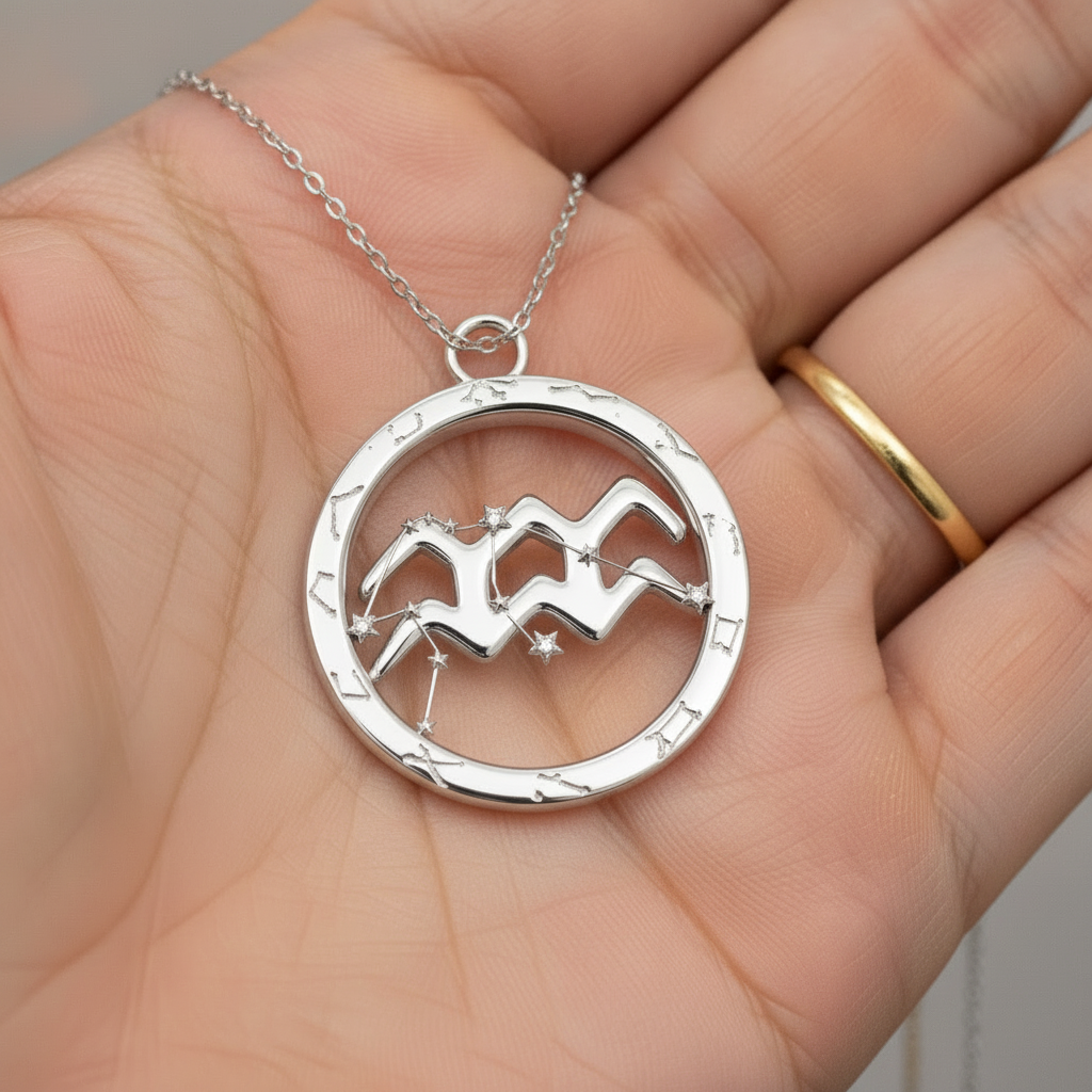 Aquarius Zodiac Pendant Necklace, 30mm Aquarius Symbol Necklace, Water Bearer Astrology Gift, 9K Gold, Sterling Silver or Yellow Brass