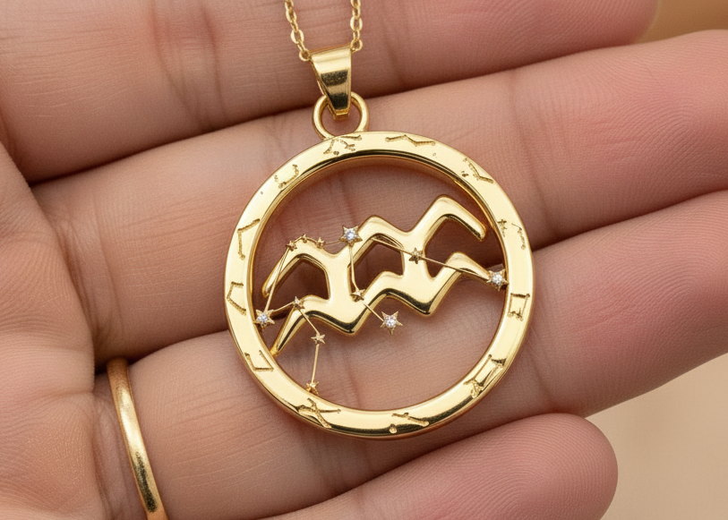 Aquarius Zodiac Pendant Necklace, 30mm Aquarius Symbol Necklace, Water Bearer Astrology Gift, 9K Gold, Sterling Silver or Yellow Brass