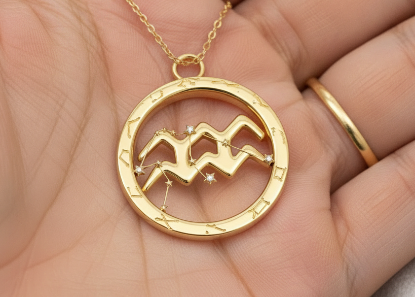 Aquarius Symbol Zodiac Pendant Necklace, 25mm Aquarius Constellation Pendant, Water Bearer Astrology Necklace, 9K Gold, Sterling Silver or Yellow Brass Gift