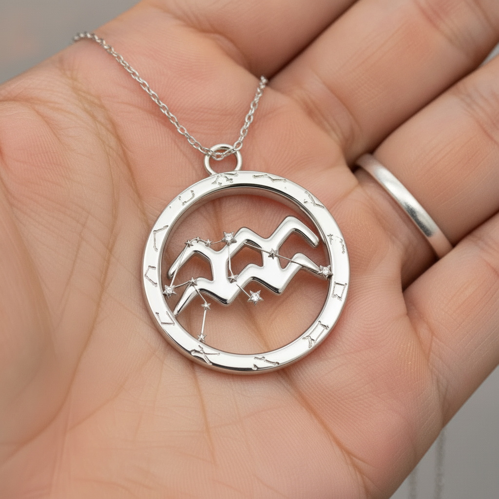 Aquarius Symbol Zodiac Pendant Necklace, 25mm Aquarius Constellation Pendant, Water Bearer Astrology Necklace, 9K Gold, Sterling Silver or Yellow Brass Gift