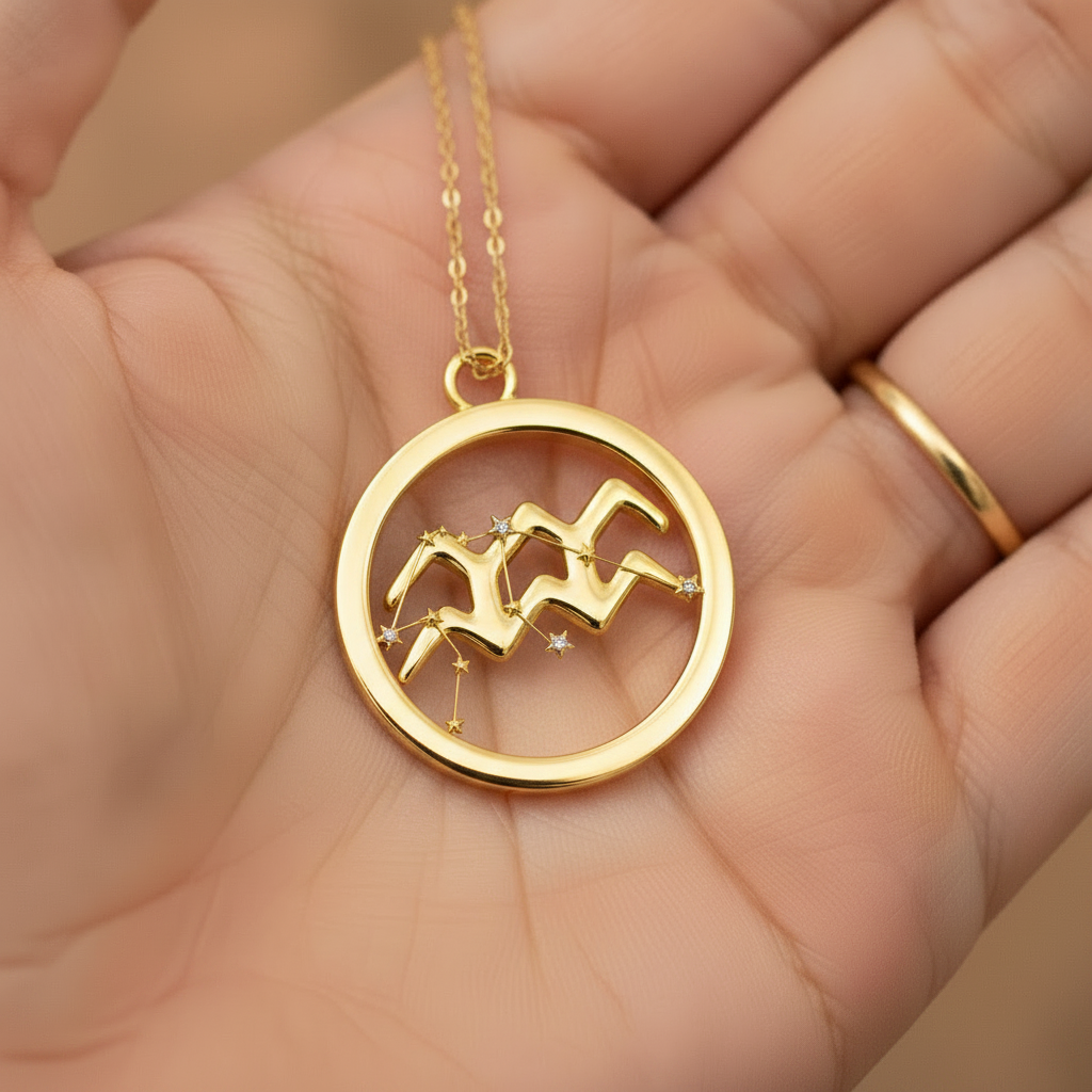Aquarius Zodiac Pendant Necklace, 30mm Aquarius Symbol Necklace, Water Bearer Astrology Gift, 9K Gold, Sterling Silver or Yellow Brass