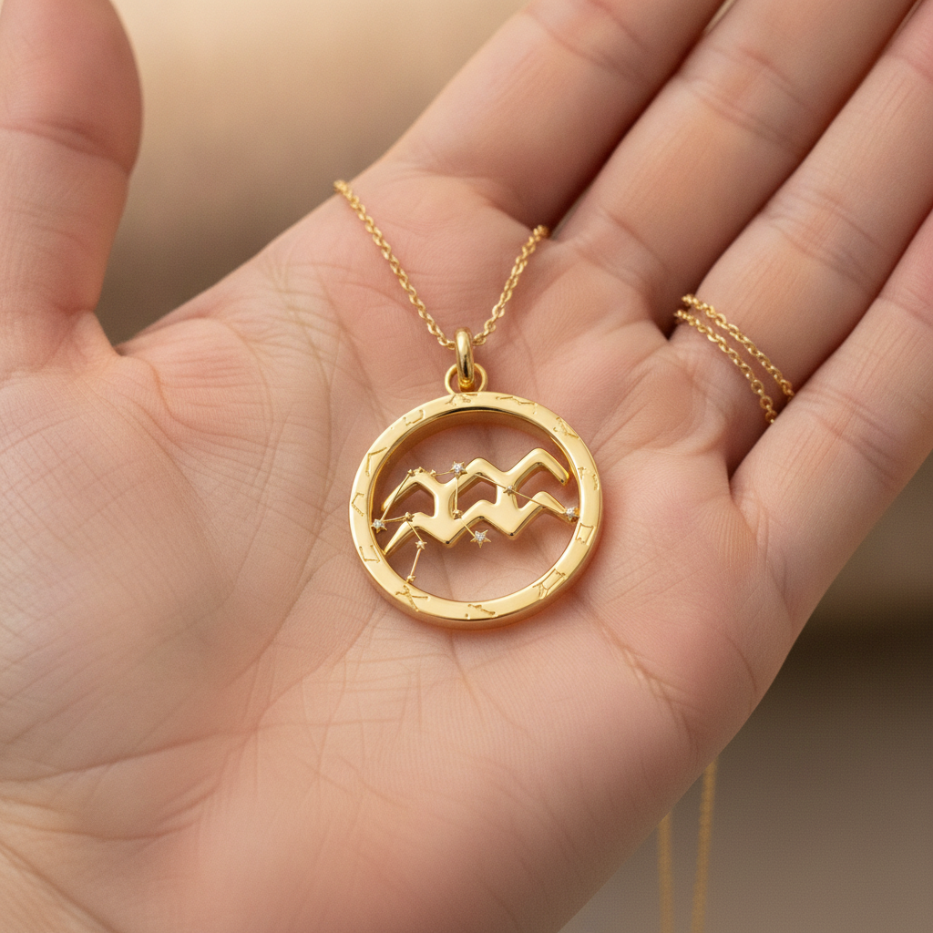 Aquarius Zodiac Pendant Necklace, 30mm Aquarius Symbol Necklace, Water Bearer Astrology Gift, 9K Gold, Sterling Silver or Yellow Brass