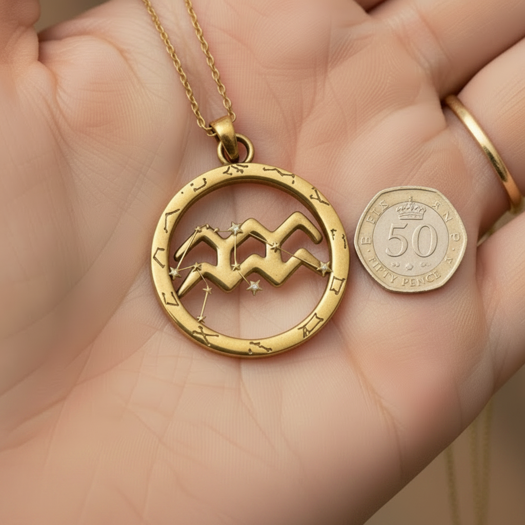 Aquarius Zodiac Pendant Necklace, 30mm Aquarius Symbol Necklace, Water Bearer Astrology Gift, 9K Gold, Sterling Silver or Yellow Brass