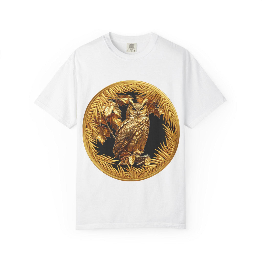 Eared Owl Gold Print T-Shirt Exotic Wildlife Night Scene with Majestic Owl Design