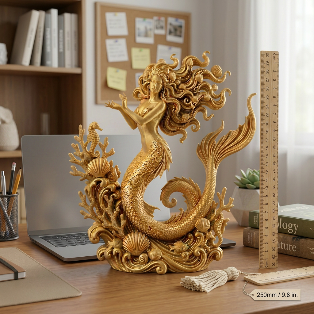 The Golden Mermaid Statue in polished gold finish by MokshaGoldSculptures, elegant ocean-inspired jewellery decor piece.