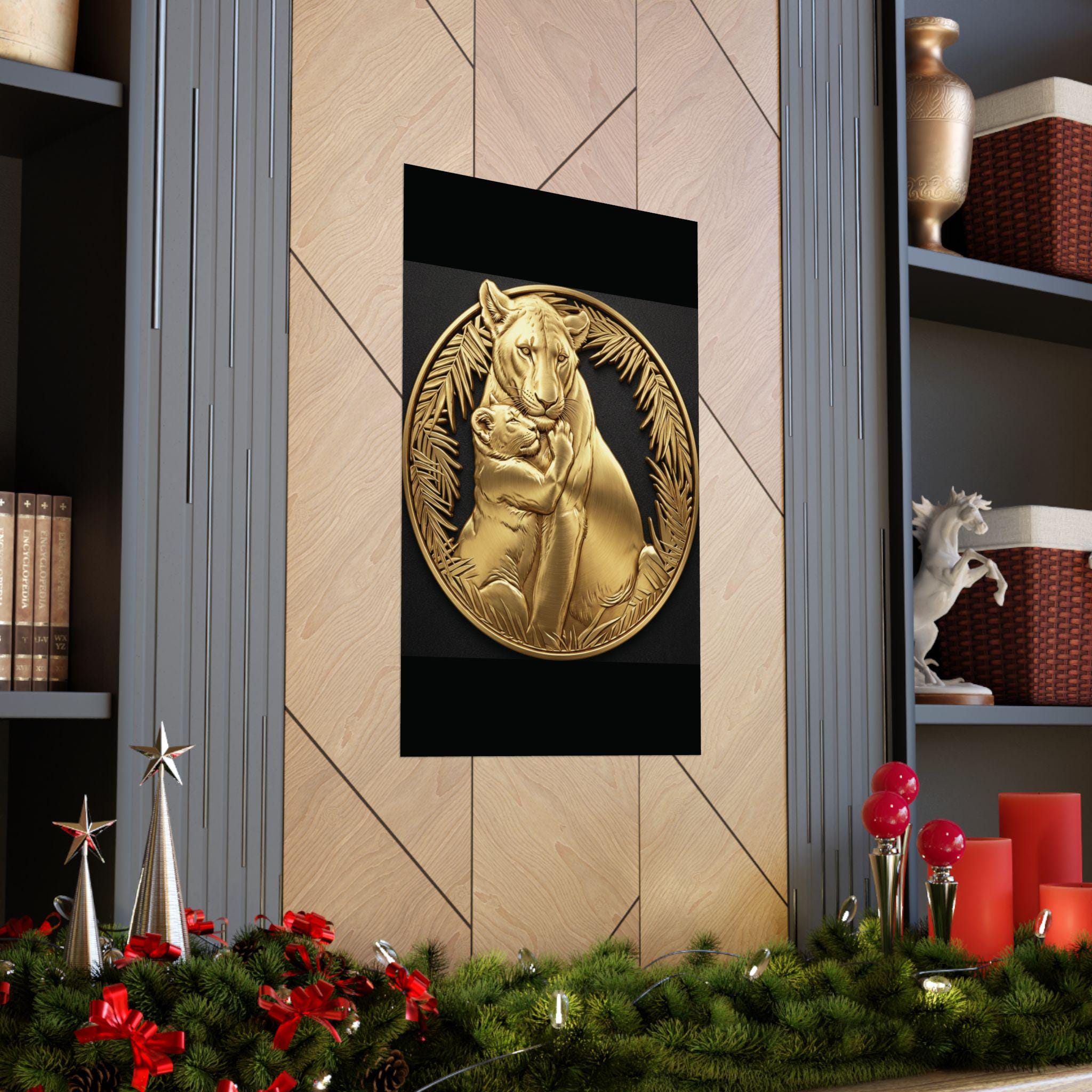 Lion Cub Hugging Lioness Print, Silver Frame Jungle Leaves Wall Art