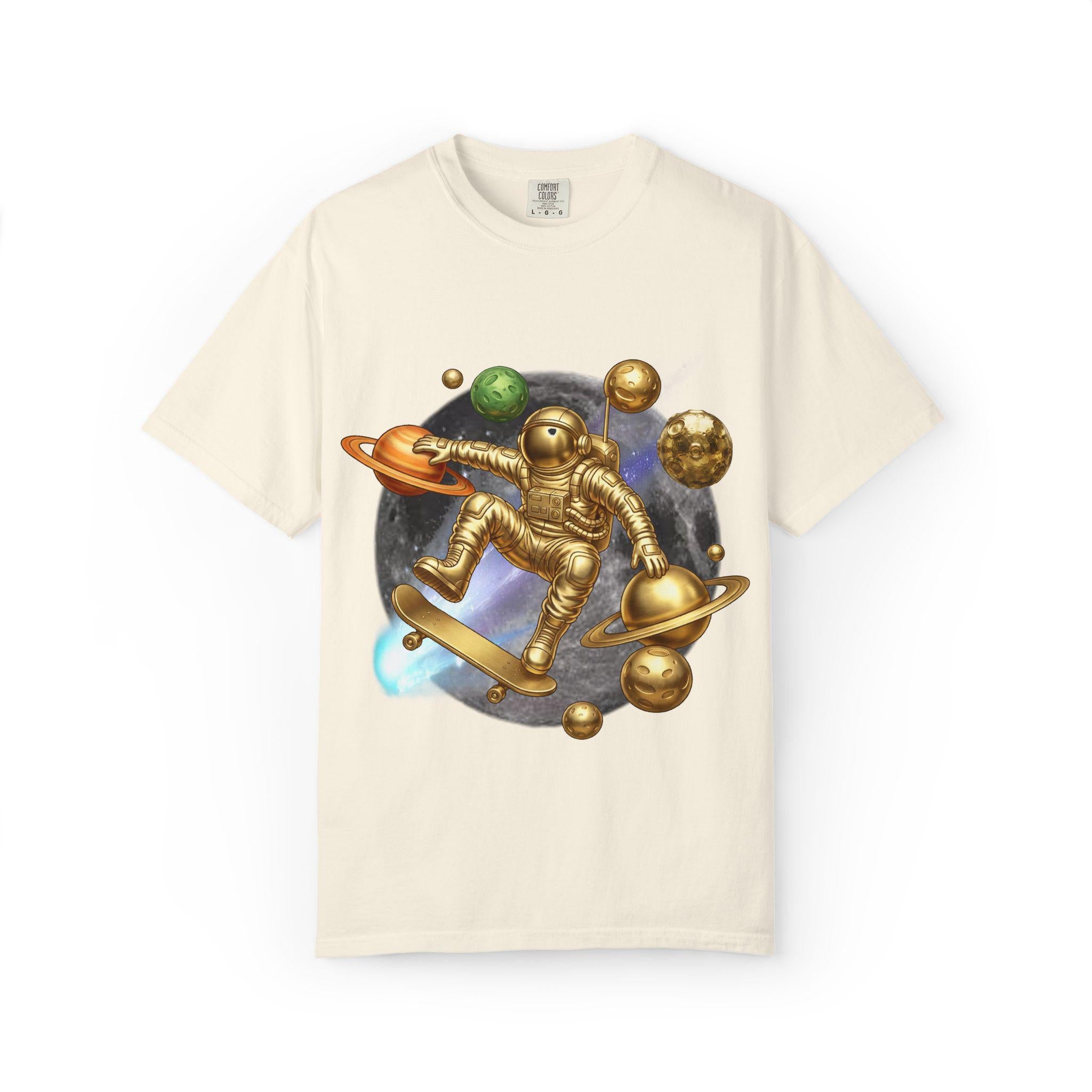 Golden Astronaut Skateboard T-Shirt | Space Planets Graphic