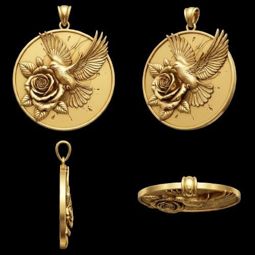 3D Dove & Rose Pendant - Romantic Sterling Silver Necklace