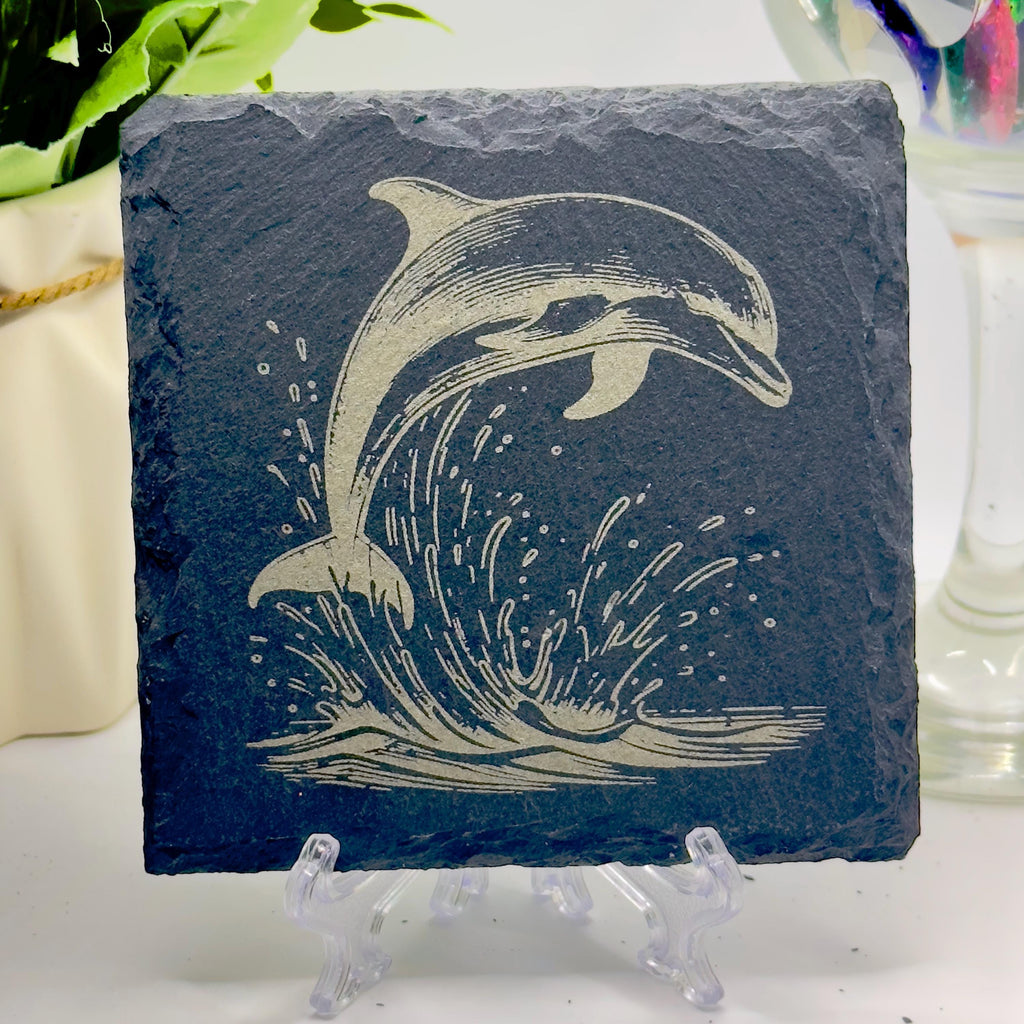 Dolphin Slate Coaster | Handmade Engraved Dolphin Coaster | Marine Wildlife Gift | Ocean Home Decor