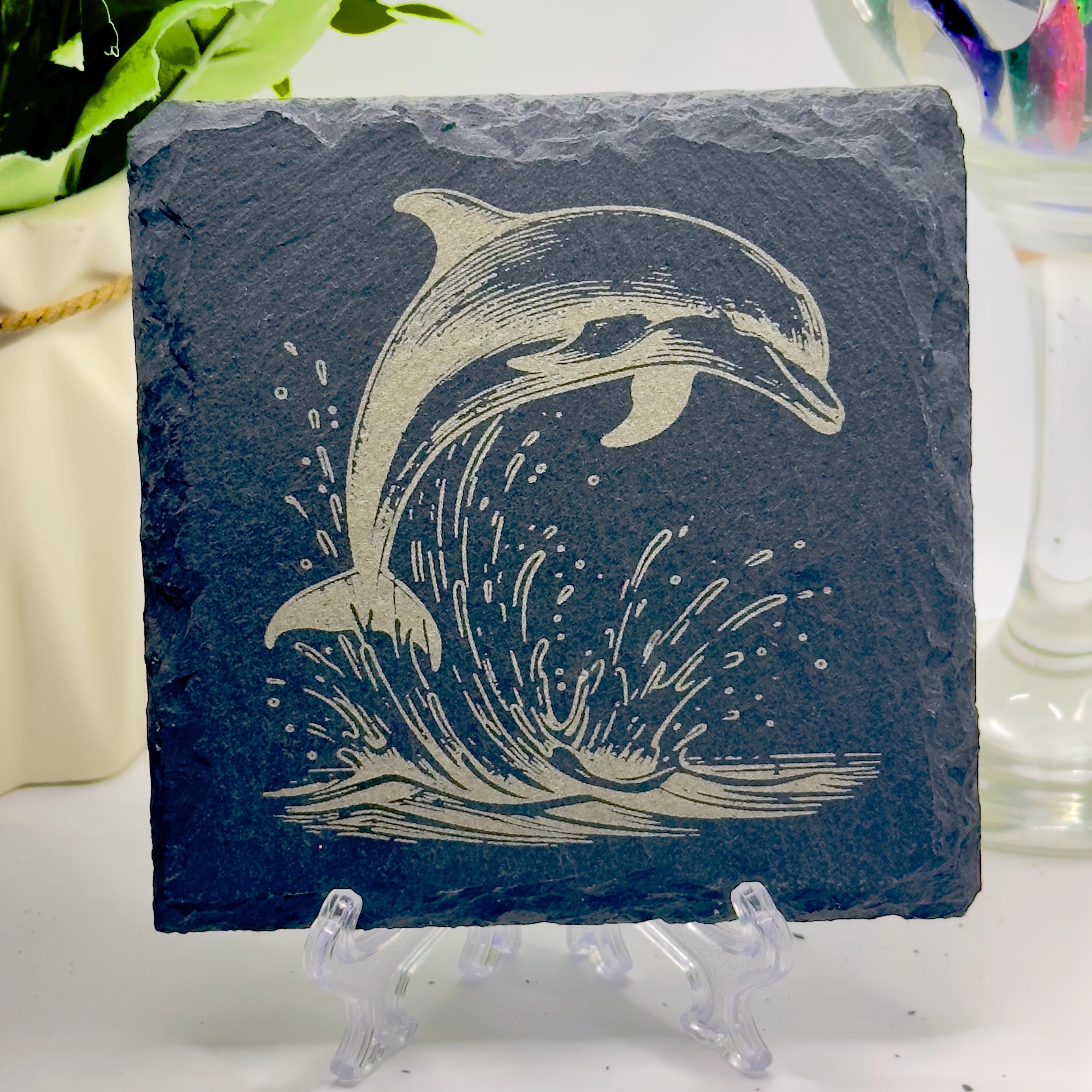 Dolphin Slate Coaster | Handmade Engraved Dolphin Coaster | Marine Wildlife Gift | Ocean Home Decor