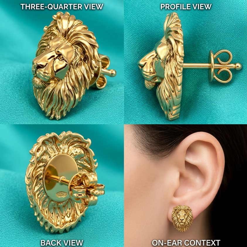 Luxury Lion Head Stud Earrings Polished Gold 15mm Yellow Gold Rose Gold White Gold Animal Statement Jewelry