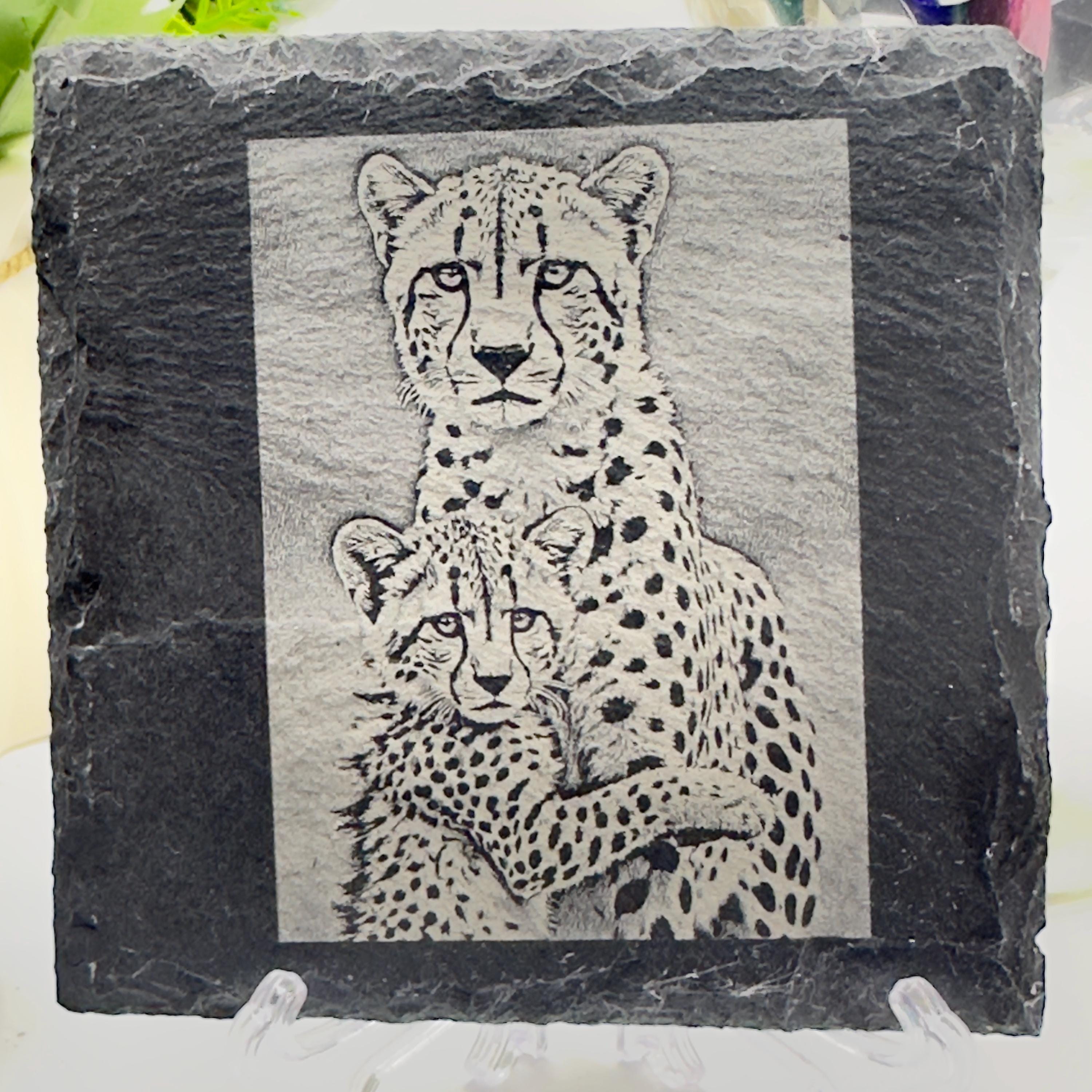 Cheetah Cub Hugging Mother Slate Coaster | Wildlife Animal Love Coaster | Natural Slate Gift for Animal Lovers