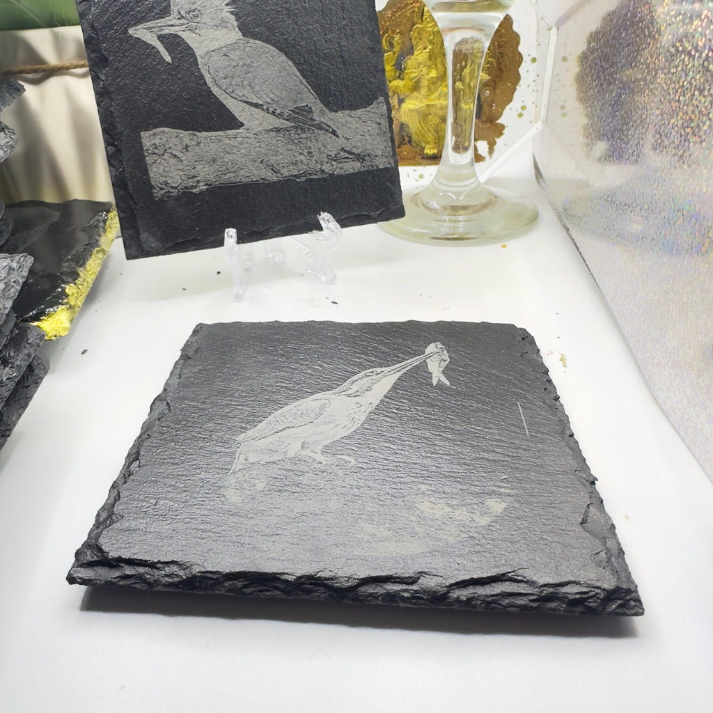 Kingfisher with Fish Slate Coaster | Wildlife Bird Art | Laser Engraved Natural Slate | Handmade Gift for Nature Lovers