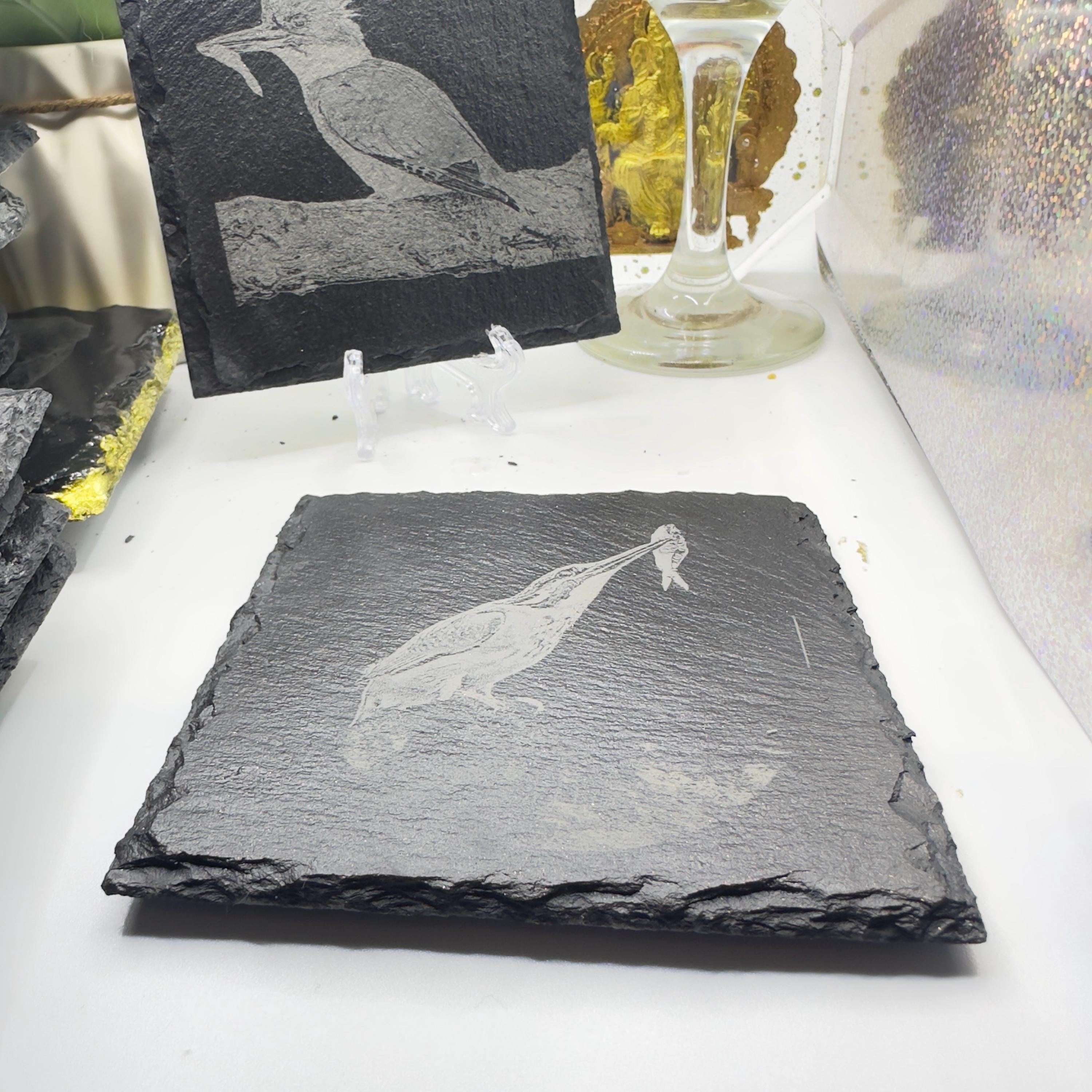 Kingfisher with Fish Slate Coaster | Wildlife Bird Art | Laser Engraved Natural Slate | Handmade Gift for Nature Lovers