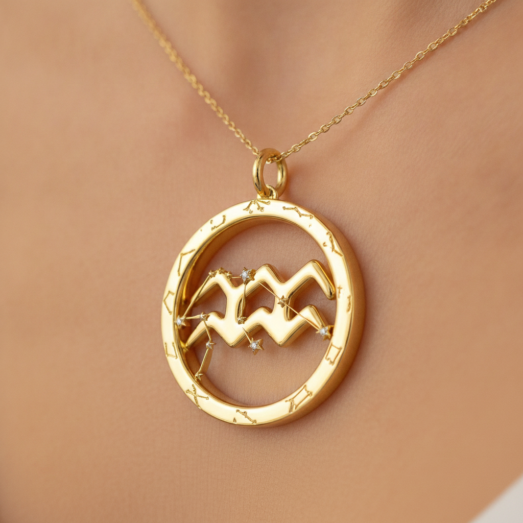 Aquarius Zodiac Pendant Necklace, 30mm Aquarius Symbol Necklace, Water Bearer Astrology Gift, 9K Gold, Sterling Silver or Yellow Brass