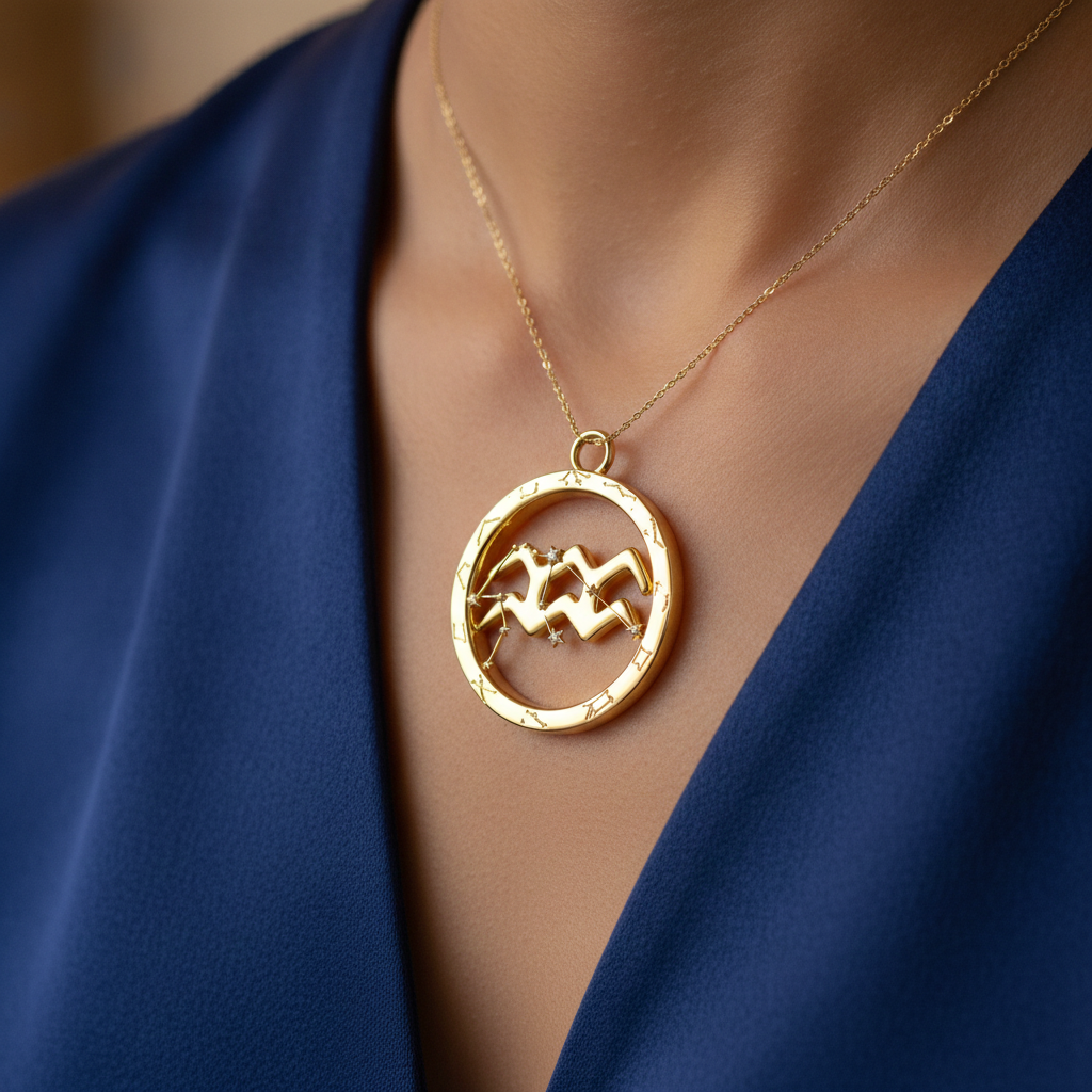 Aquarius Zodiac Pendant Necklace, 30mm Aquarius Symbol Necklace, Water Bearer Astrology Gift, 9K Gold, Sterling Silver or Yellow Brass