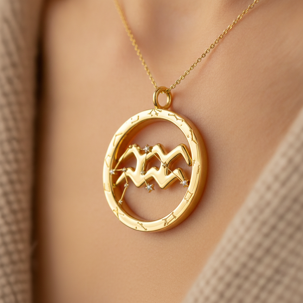 Aquarius Zodiac Pendant Necklace, 30mm Aquarius Symbol Necklace, Water Bearer Astrology Gift, 9K Gold, Sterling Silver or Yellow Brass