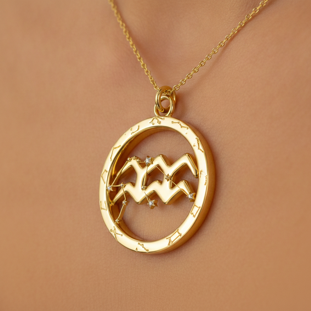 Aquarius Zodiac Pendant Necklace, 30mm Aquarius Symbol Necklace, Water Bearer Astrology Gift, 9K Gold, Sterling Silver or Yellow Brass