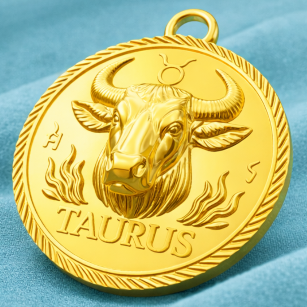 Taurus Zodiac Pendant in Polished Gold Finish | Bull Horoscope Medallion Charm | Astrology Coin Pendant 20mm