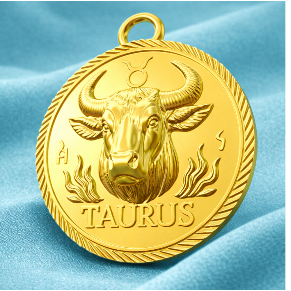 Taurus Zodiac Pendant in Polished Gold Finish | Bull Horoscope Medallion Charm | Astrology Coin Pendant 20mm