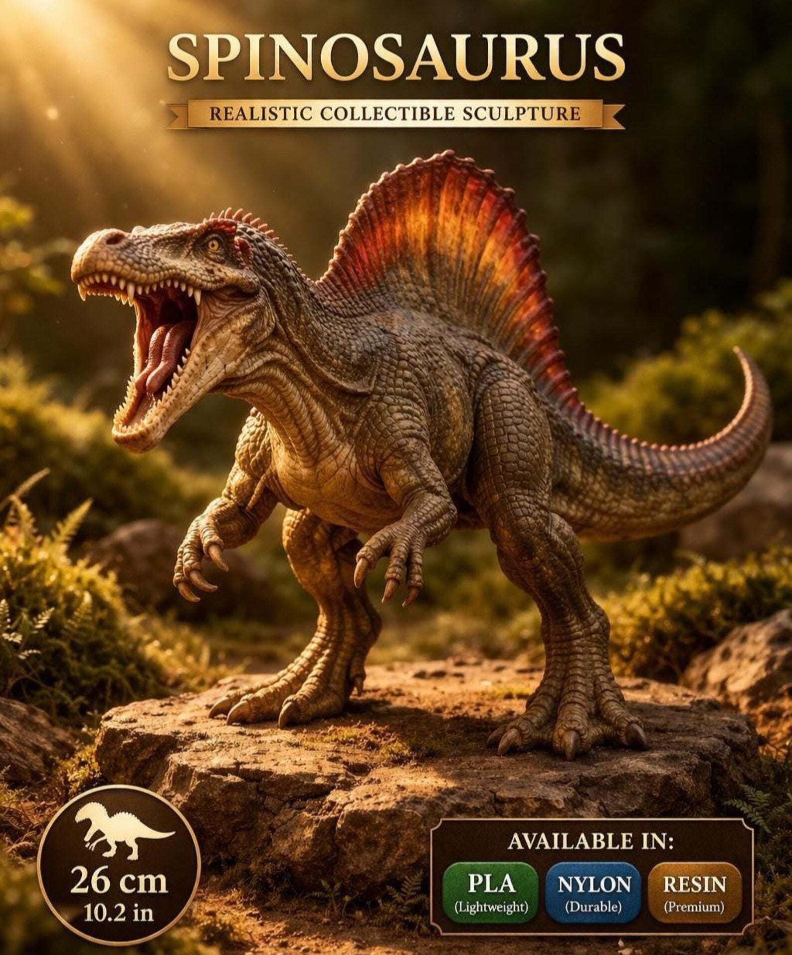 Spinosaurus Dinosaur Model – 3D Printed Prehistoric Sculpture in PLA & Smooth Nylon | Detailed Collectible | Various Colors