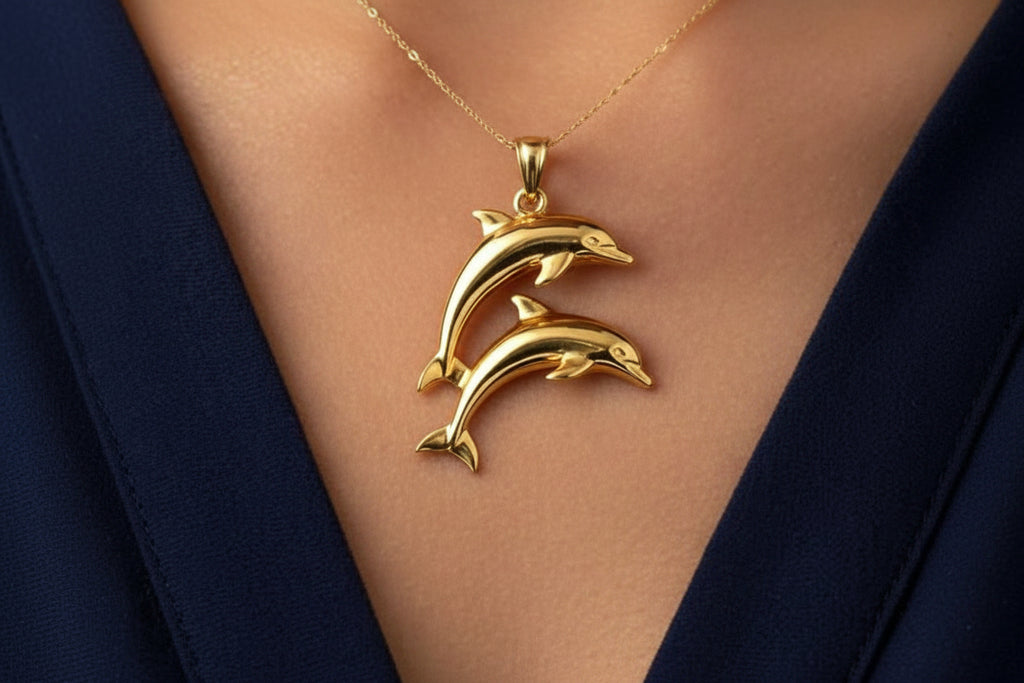 Two Dolphin Pendant Necklace | 18k Gold Plated or 925 Sterling Silver | Ocean Jewellery