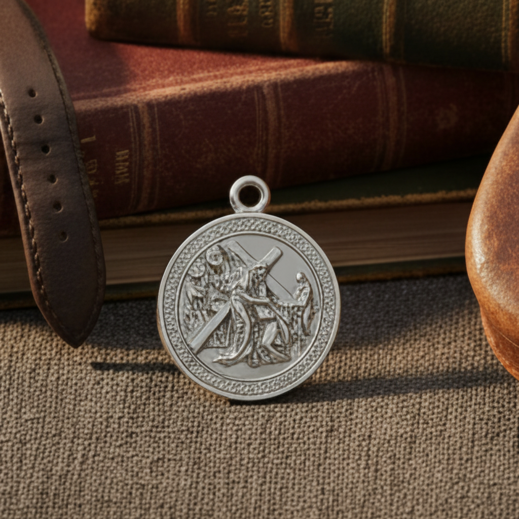 Jesus Carrying the Cross sterling silver pendant styled on dark grey linen with leather bag, books, watch and Father's Day card in warm light