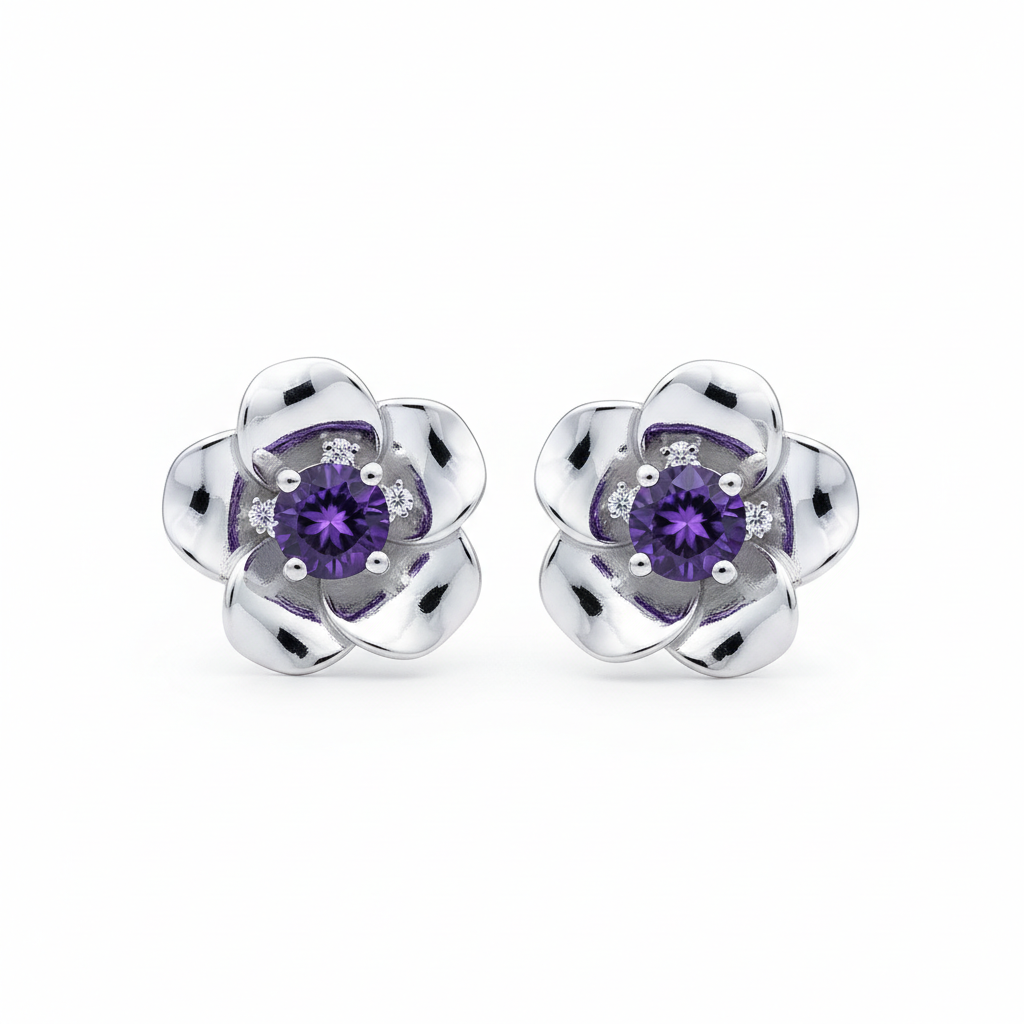 Ethereal Purple Flower Stud Earrings in Silver - 20mm sculptural floral design with high polish finish