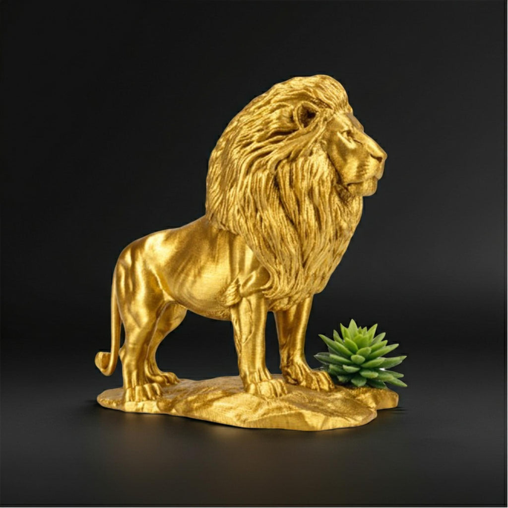 The Gold Lion Statue on Rock in metallic PLA finish by MokshaGoldSculptures, desk decor against black with green succulent.