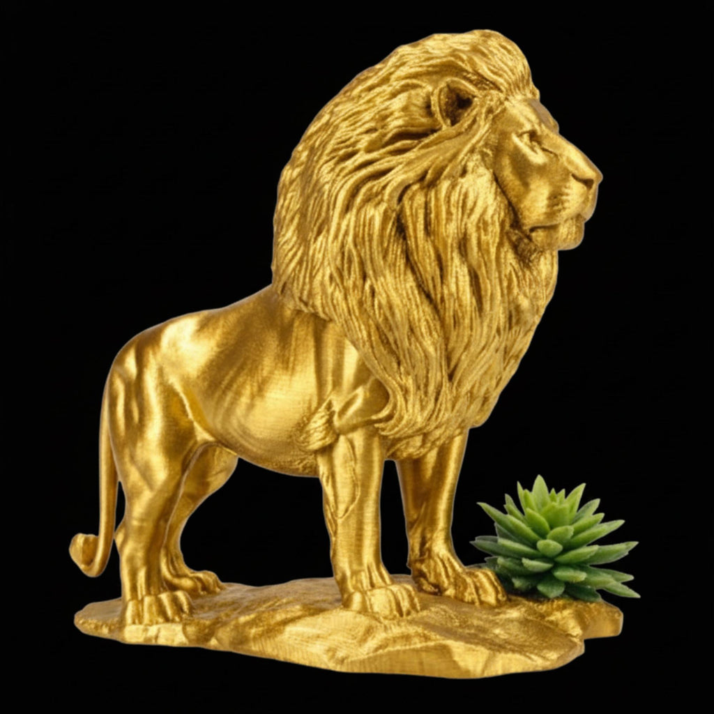 Gold Lion Statue on Rock in metallic PLA finish by MokshaGoldSculptures.